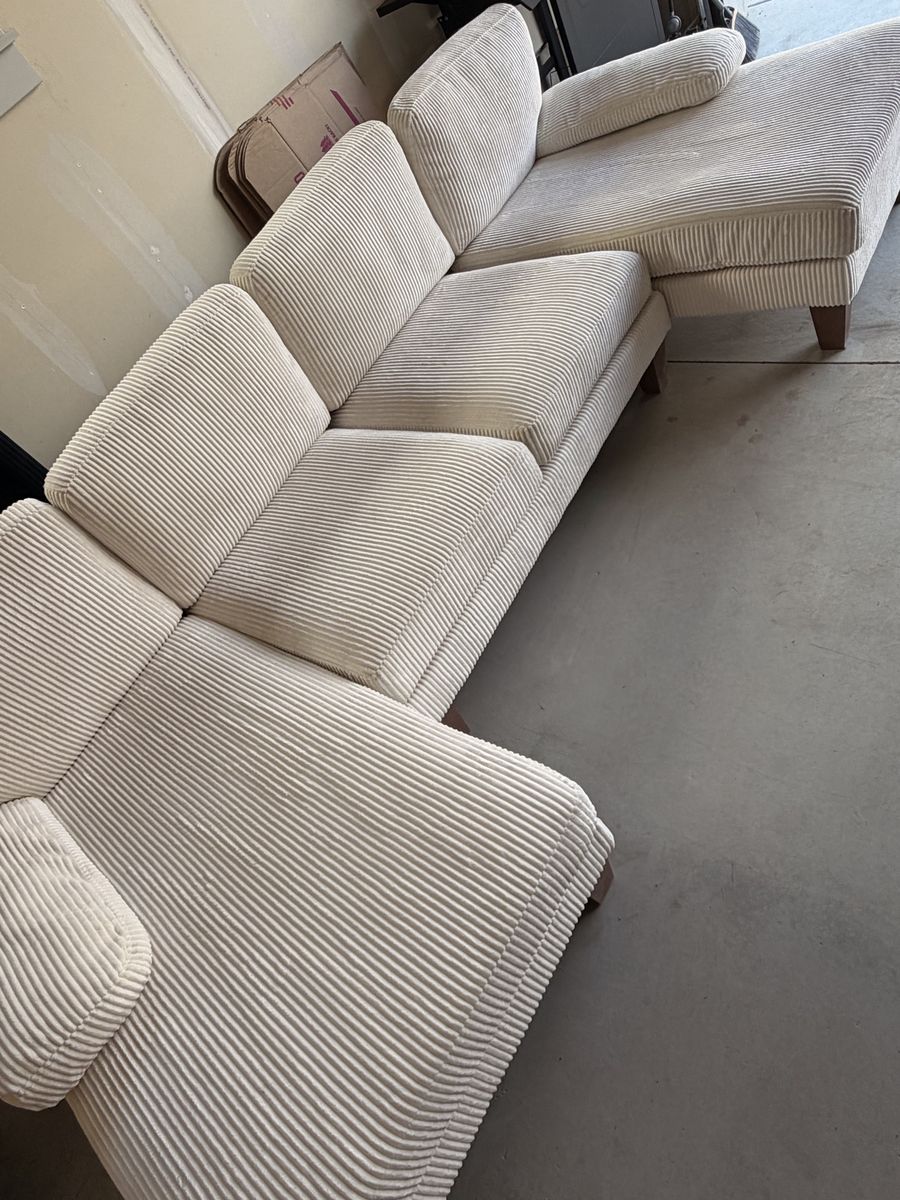 Modern White Fabric Sectional Sofa with Chaise - Excellent Condition, Freshly Cleaned
