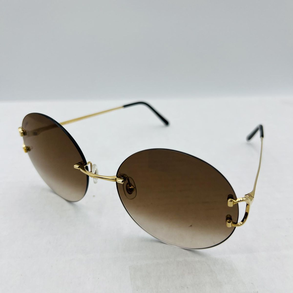 CARTIER Gold Brown Round Rimless Sig C Sunglasses