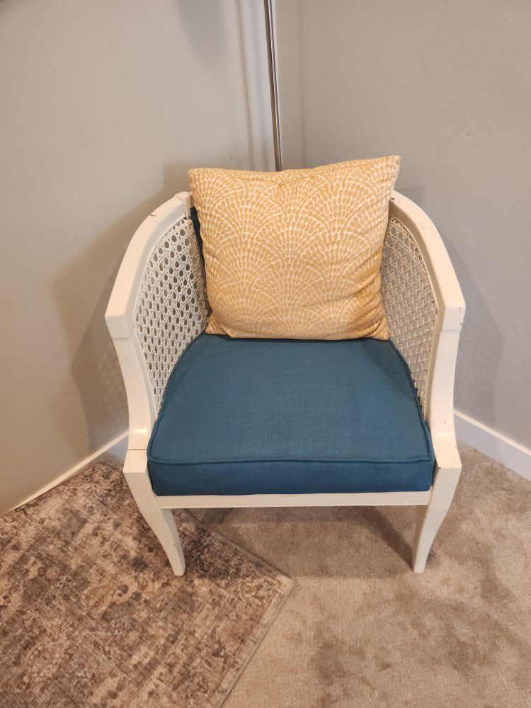 Vintage White Woven Cane Barrel Accent Chair with Blue Upholstered Cushion