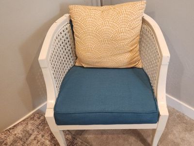 Vintage White Woven Cane Barrel Accent Chair with Blue Upholstered Cushion