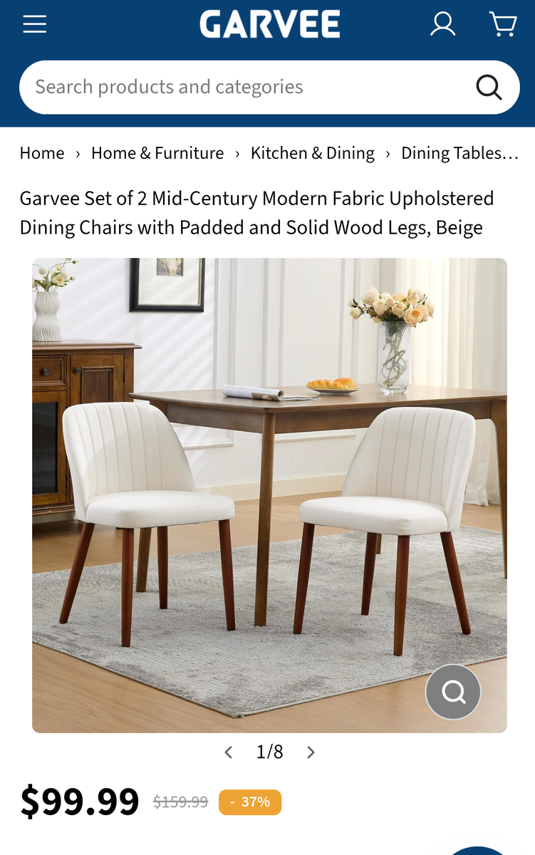 Garvee Set of 2 Mid Century Modern Linen Dining Chairs with Wood Legs for Dining Room, White