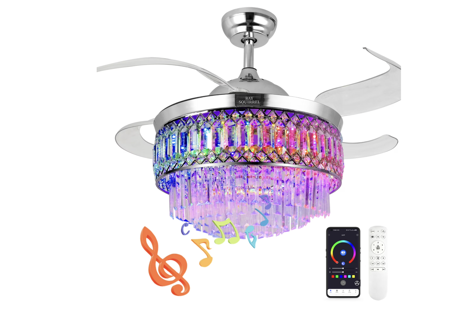 New in Box Retractable Crystal Ceiling Fan with Light and Remote/APP Control, Bluetooth