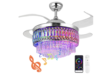 New in Box Retractable Crystal Ceiling Fan with Light and Remote/APP Control, Bluetooth