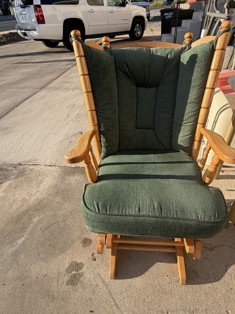 Wooden Glider Rocking Chair with Green Cushions