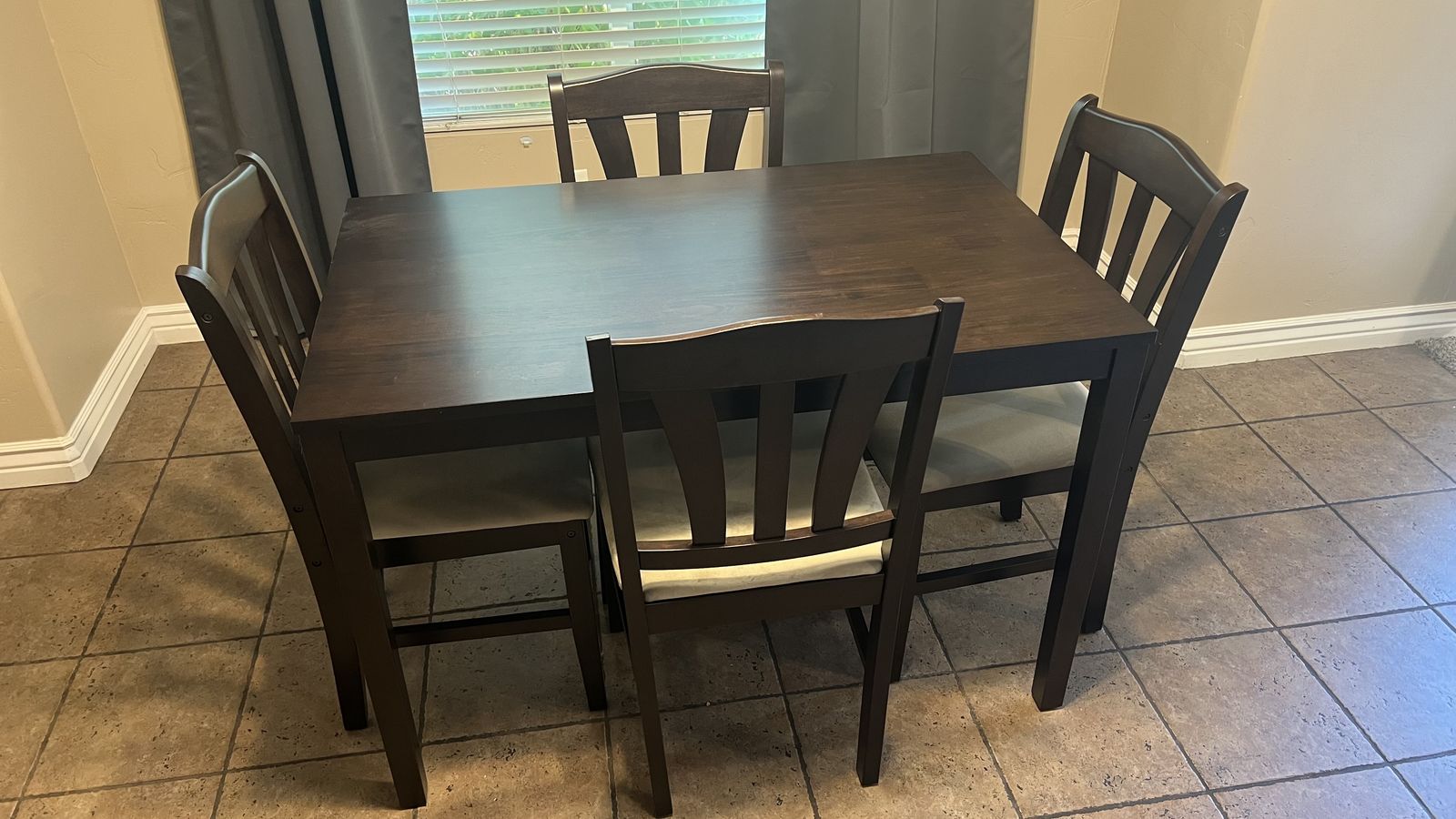 Small Dark Wood Dining Table Set with 4 Upholstered Chairs