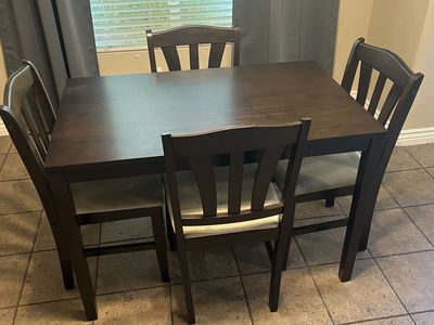 Small Dark Wood Dining Table Set with 4 Upholstered Chairs