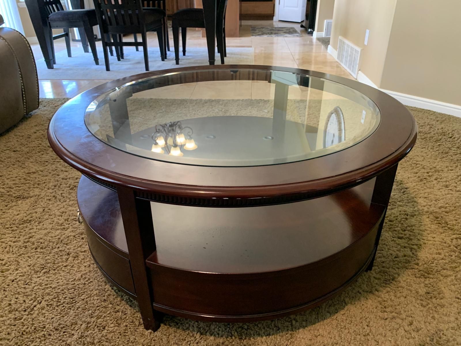 Round Wood & Glass Coffee Table with Lower Shelf - Dark Cherry Finish