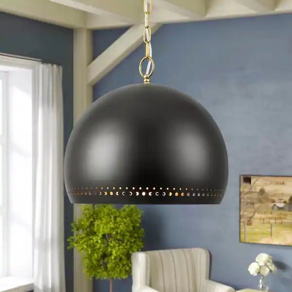 Modern Matte Black Dome Pendant Light with Brass Accents & Perforated Detail