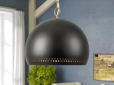 Modern Matte Black Dome Pendant Light with Brass Accents & Perforated Detail
