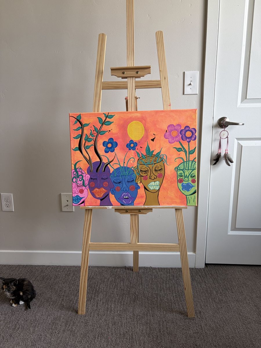 Vibrant Abstract Faces and Flowers Original Acrylic Painting on Canvas 18x24" Wall Art