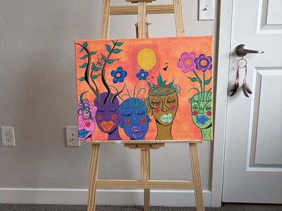 Vibrant Abstract Faces and Flowers Original Acrylic Painting on Canvas 18x24" Wall Art