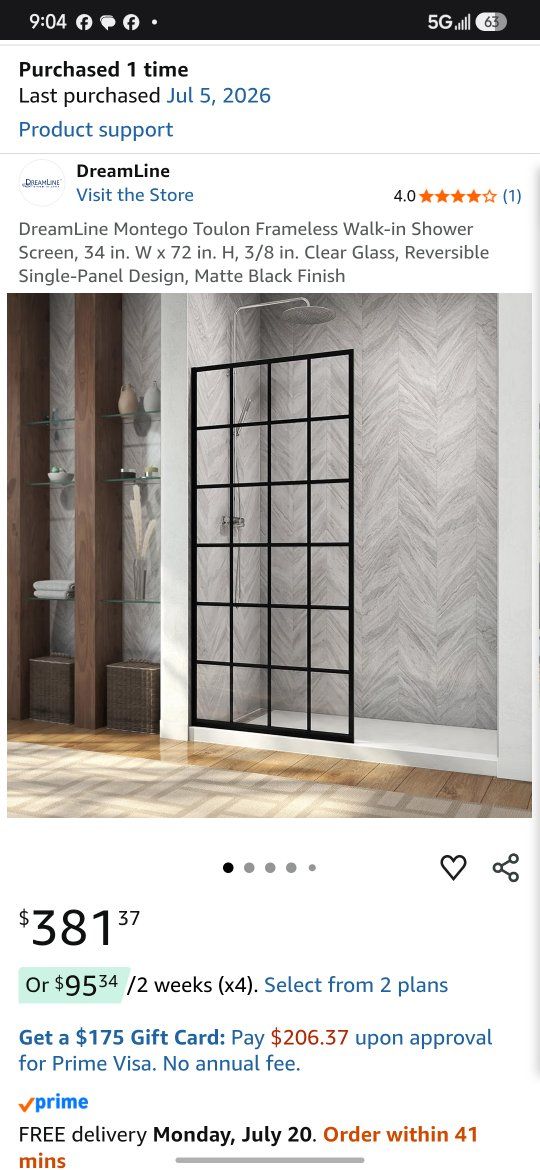 DreamLine Montego Toulon 34x72 Frameless Walk-in Shower Screen, Clear Glass, Matte Black Finish