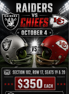 Raiders vs Chiefs Football Tickets - October 4th, Section 102, Row 17, Seats 19 & 20