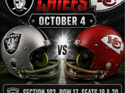 Raiders vs Chiefs Football Tickets - October 4th, Section 102, Row 17, Seats 19 & 20
