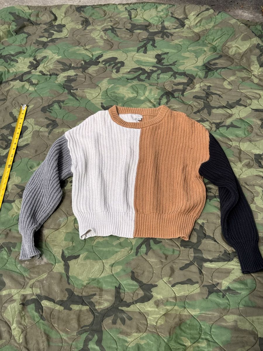 A New Day Colorblock Chunky Knit Sweater, Camel/White/Gray - Size M