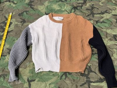 A New Day Colorblock Chunky Knit Sweater, Camel/White/Gray - Size M