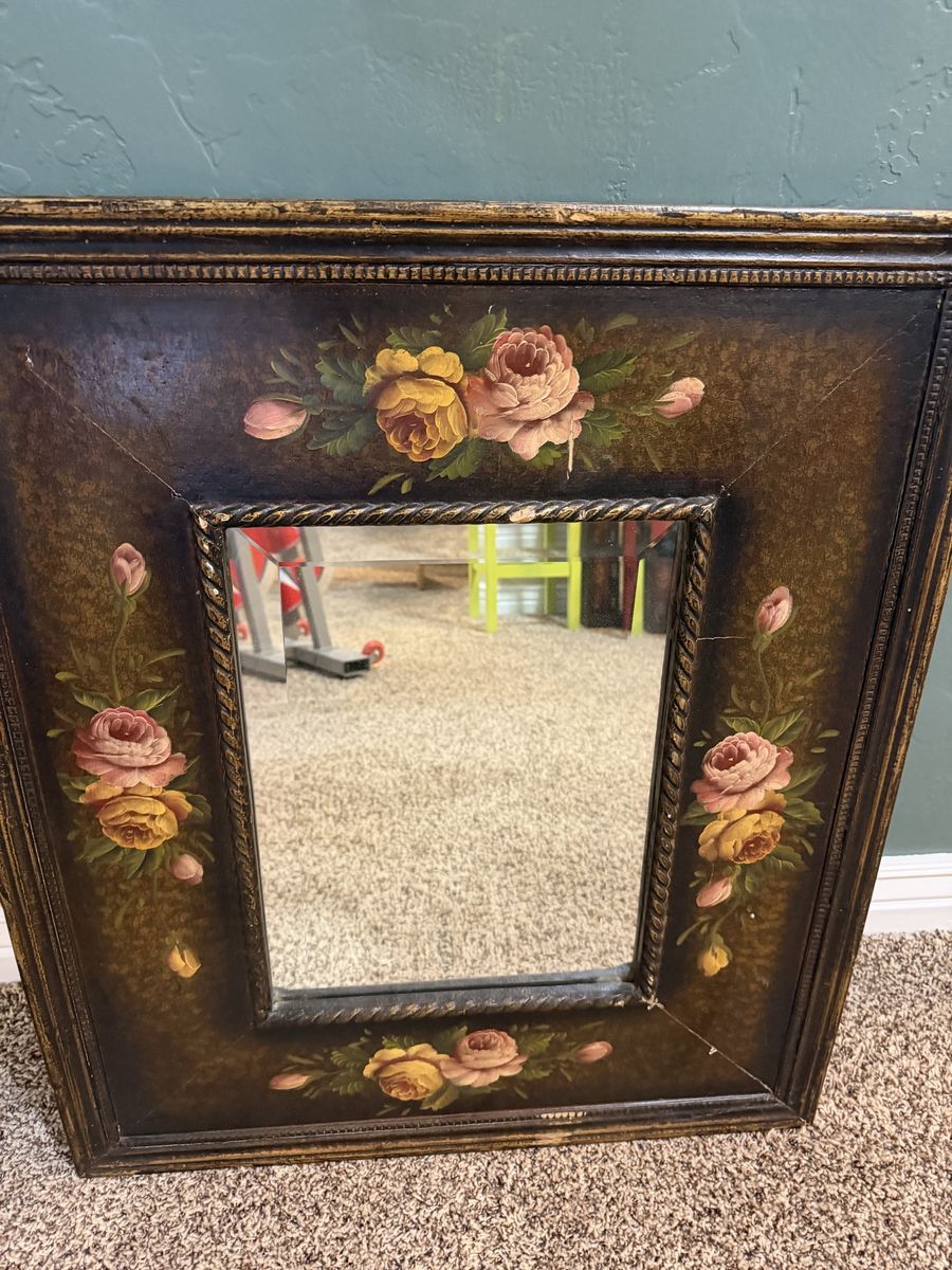 Vintage Hand-Painted Floral Wall Mirror with Beveled Glass and Antiqued Gold Frame