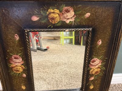 Vintage Hand-Painted Floral Wall Mirror with Beveled Glass and Antiqued Gold Frame