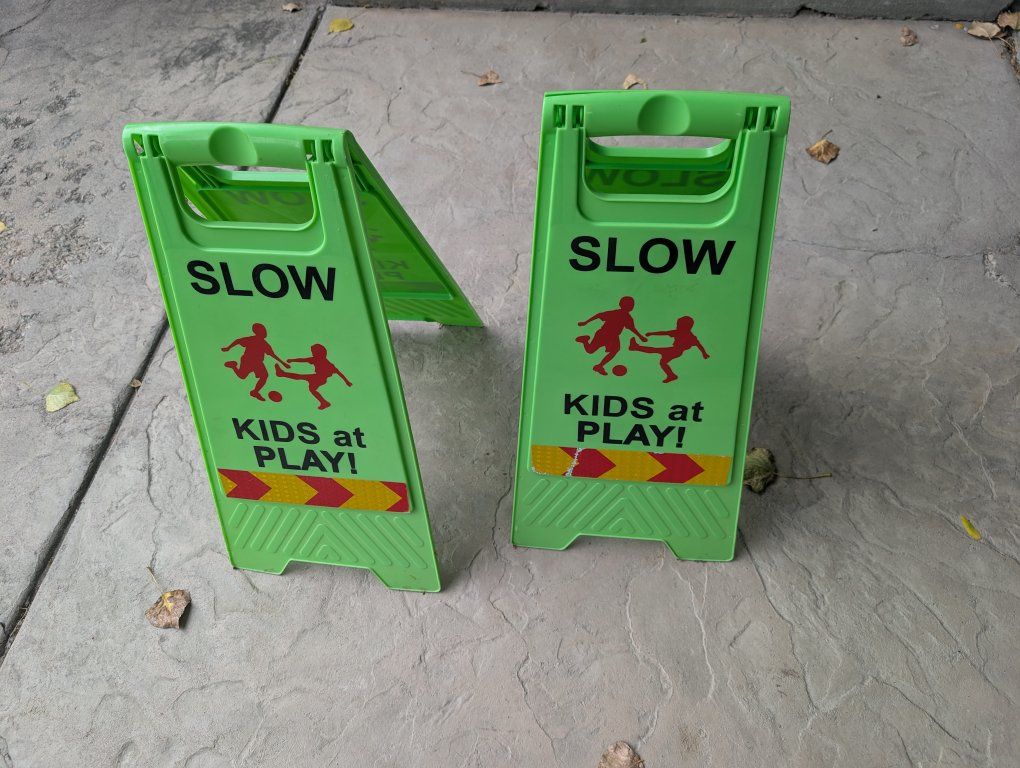 Set of 2 Slow Kids at Play Safety Signs Green Plastic A-Frame