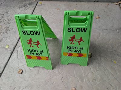 Set of 2 Slow Kids at Play Safety Signs Green Plastic A-Frame