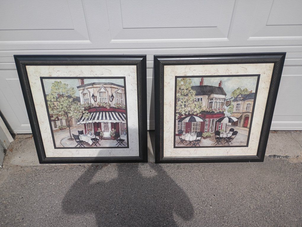 Framed Cafe Scene Wall Art Prints - Set of 2, European Street Landscape Decor
