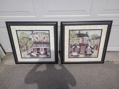 Framed Cafe Scene Wall Art Prints - Set of 2, European Street Landscape Decor
