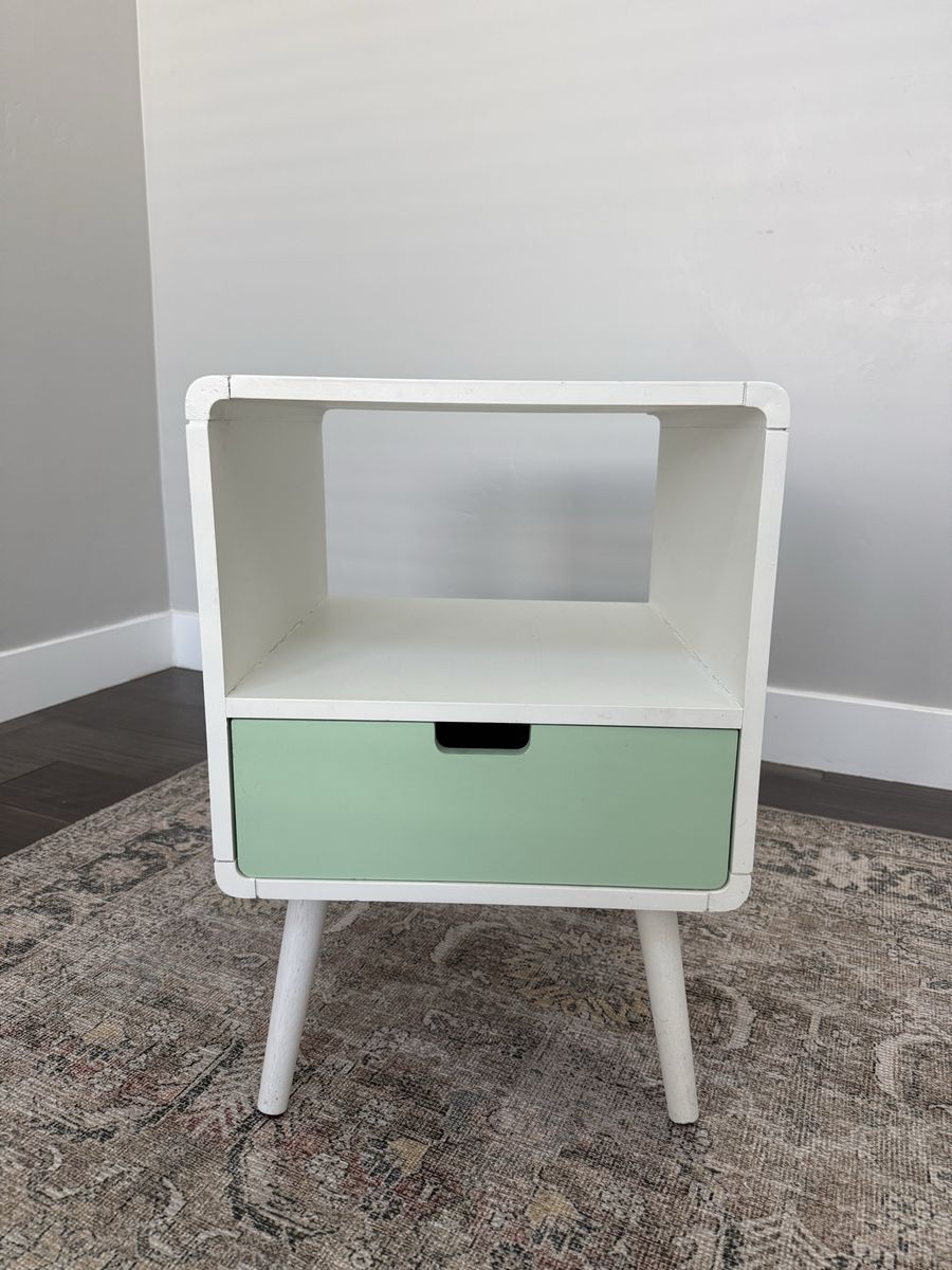 Mid-Century Modern Nightstand/End Table - White with Green Drawer