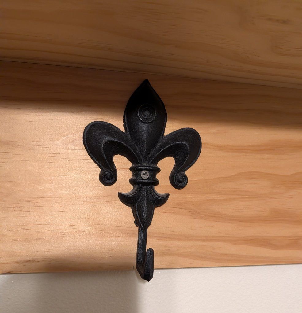 Custom Solid Wood Wall Mounted Shelf with Fleur-de-Lis Hooks - 73" Long