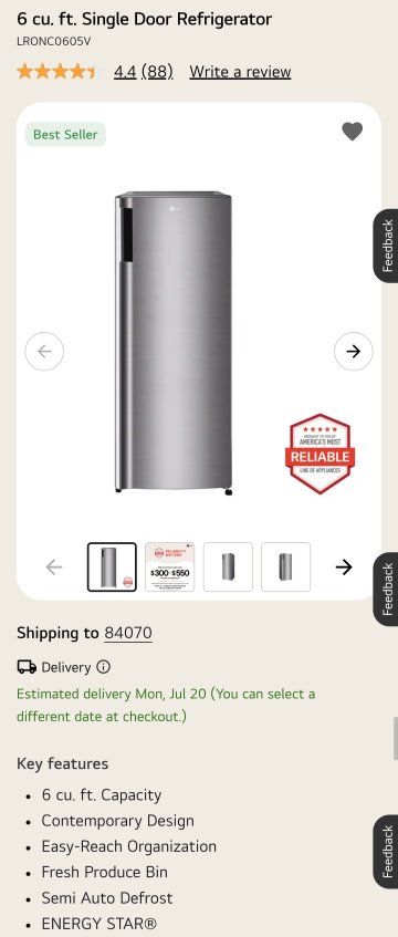 LG LRCNC0605V 6 cu. ft. Single Door Refrigerator, Stainless Steel, ENERGY STAR