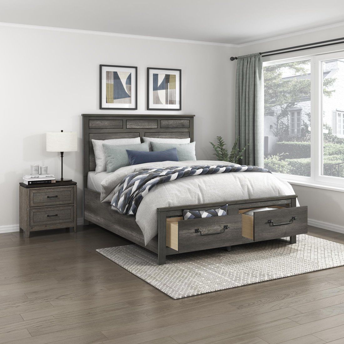 Full-Size Platform Bed Frame with Storage Drawers - Rustic Gray Wooden Design, No Box Spring Needed