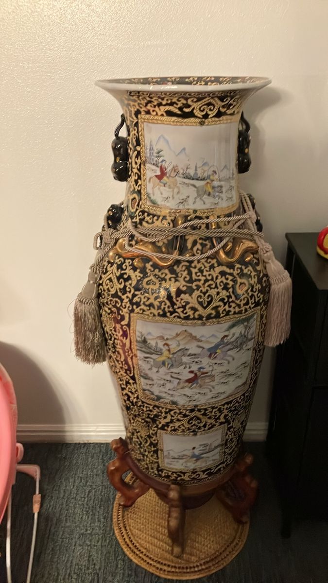 Large Decorative Ceramic Floor Vase with Stand and Tassels