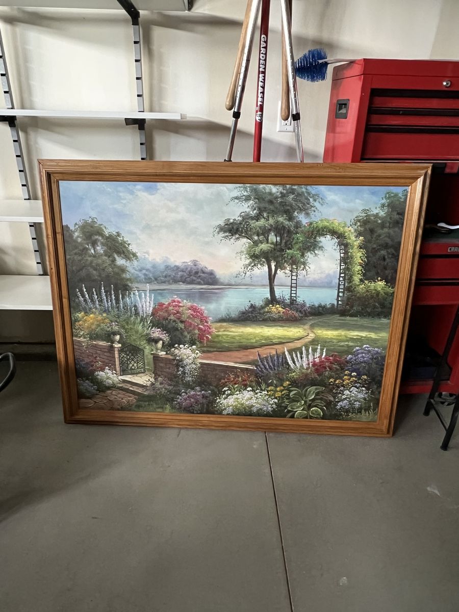 Large Framed Landscape Painting - Vibrant Garden and Lake Scene Wall Art 53X42