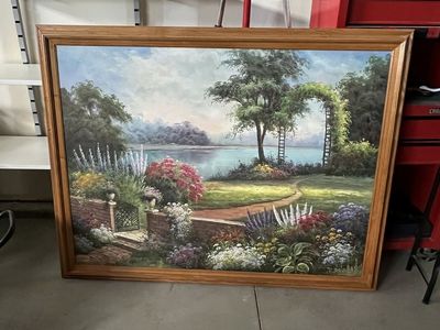 Large Framed Landscape Painting - Vibrant Garden and Lake Scene Wall Art 53X42