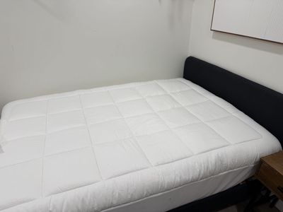 Upholstered Platform Bed Frame with Wood Slats & Mattress Topper