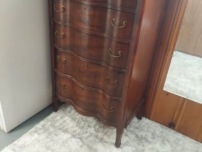 Vintage Wooden Dresser with 5 Drawers and Brass Hardware