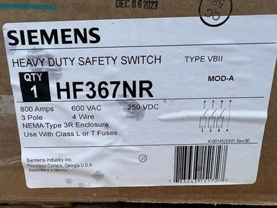 HF367NR Siemens 800 A 600 V 3-pole 4-wire, NEMA 3R fuse-type circuit breaker designed for outdoor use
