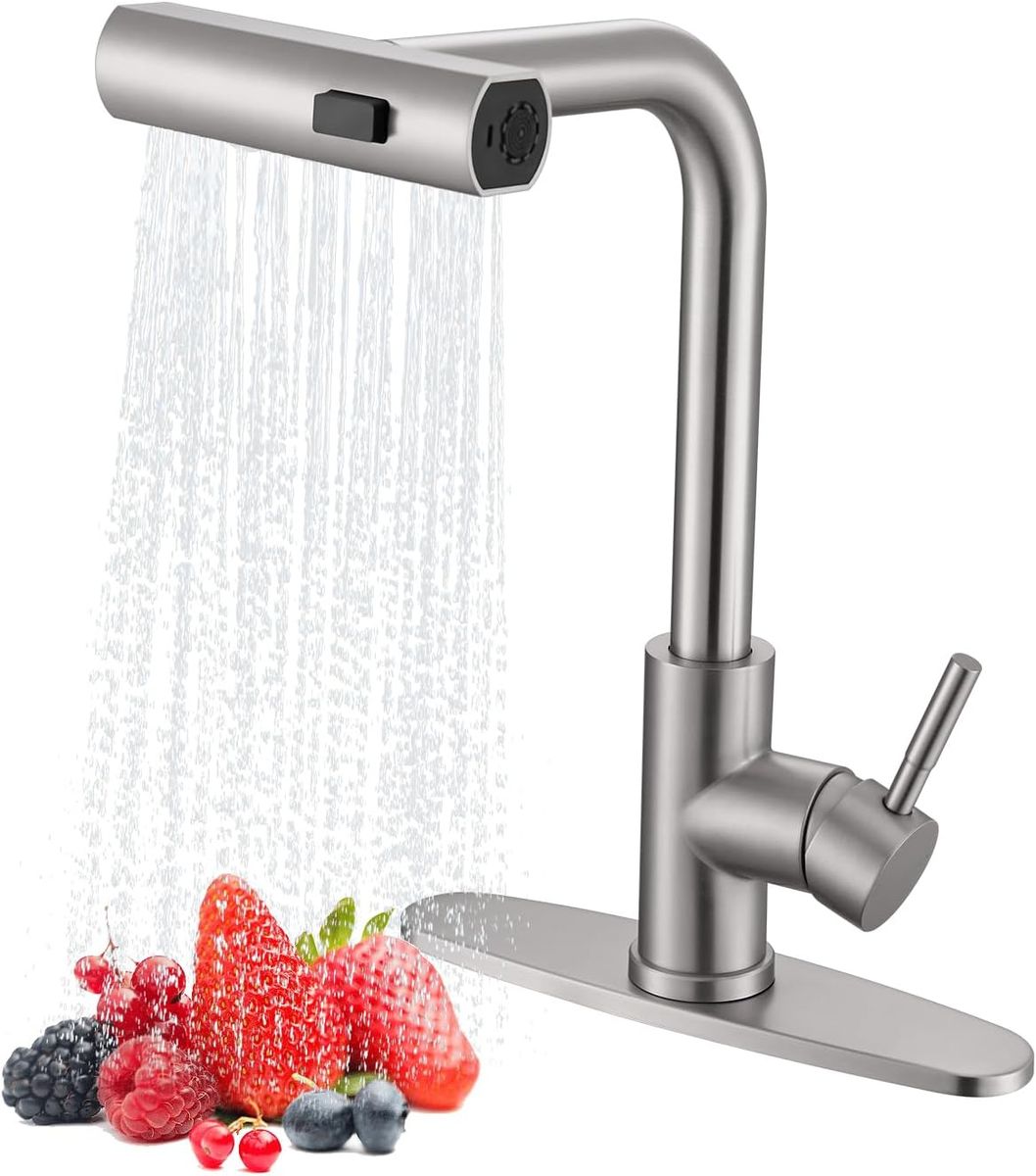 NEW Waterfall Kitchen Faucet with Pull Down Sprayer, ARTIQUA Brushed Nickel Single Handle Kitchen Sink Faucet