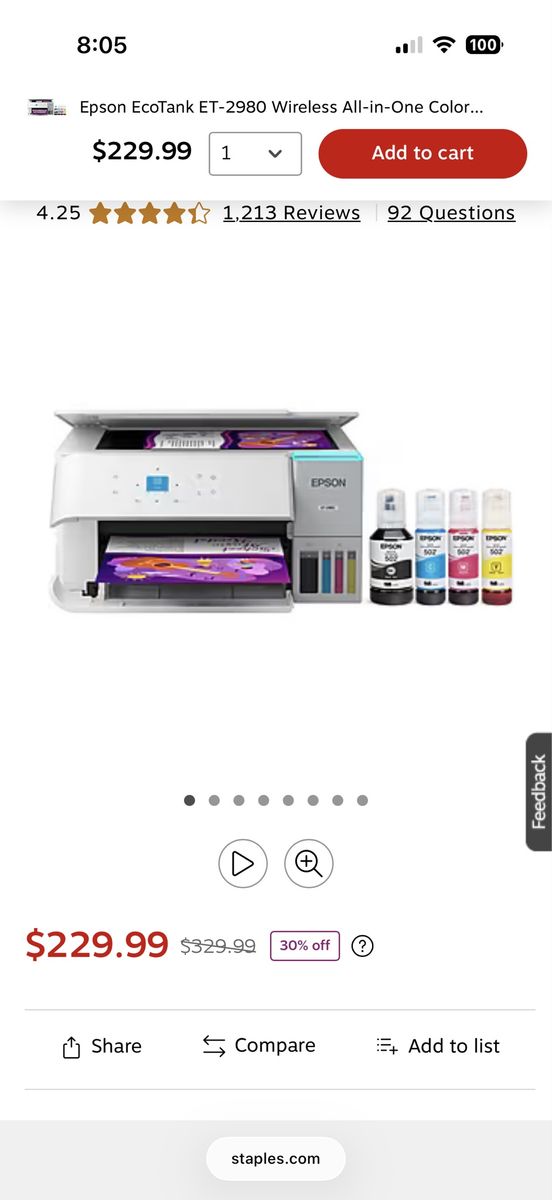 Epson EcoTank ET-2980 Wireless All-in-One Color Printer with Scanner & Copier, Cartridge-Free- unopened!