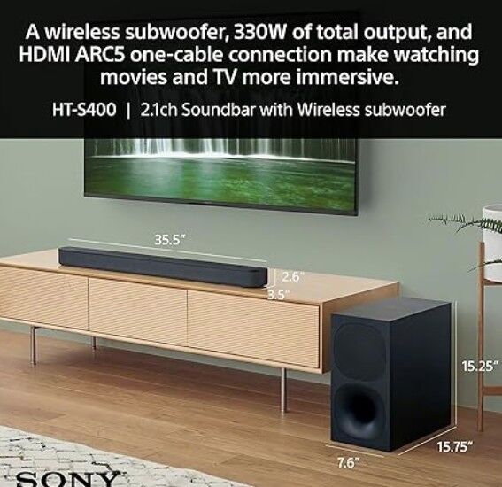 Sony HT-S400 2.1ch Soundbar with Powerful Wireless subwoofer, S-Force PRO Front Surround Sound, and Dolby Digital