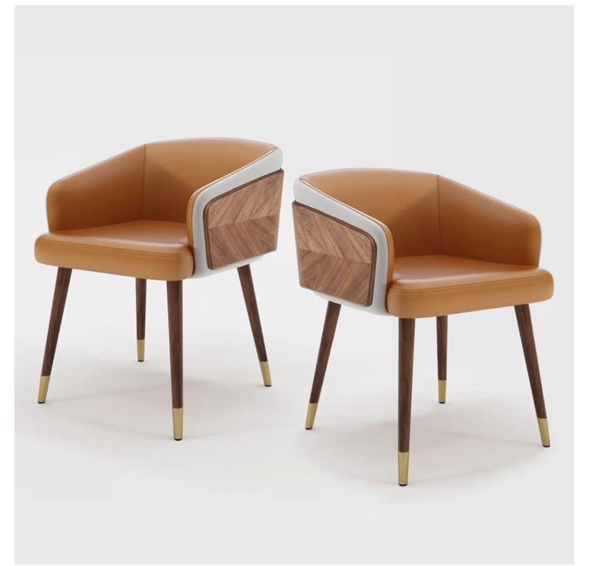 Pair of Modern Dining Chairs, orange Leatherette with Wood Accent, Gold Tips, 28.7" H
