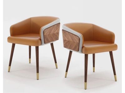 Pair of Modern Dining Chairs, orange Leatherette with Wood Accent, Gold Tips, 28.7" H