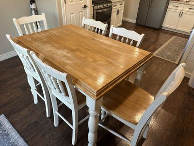 Tall Wooden Dining Table & 6 Chairs Set - Solid Wood Top, White Painted Legs & Chairs