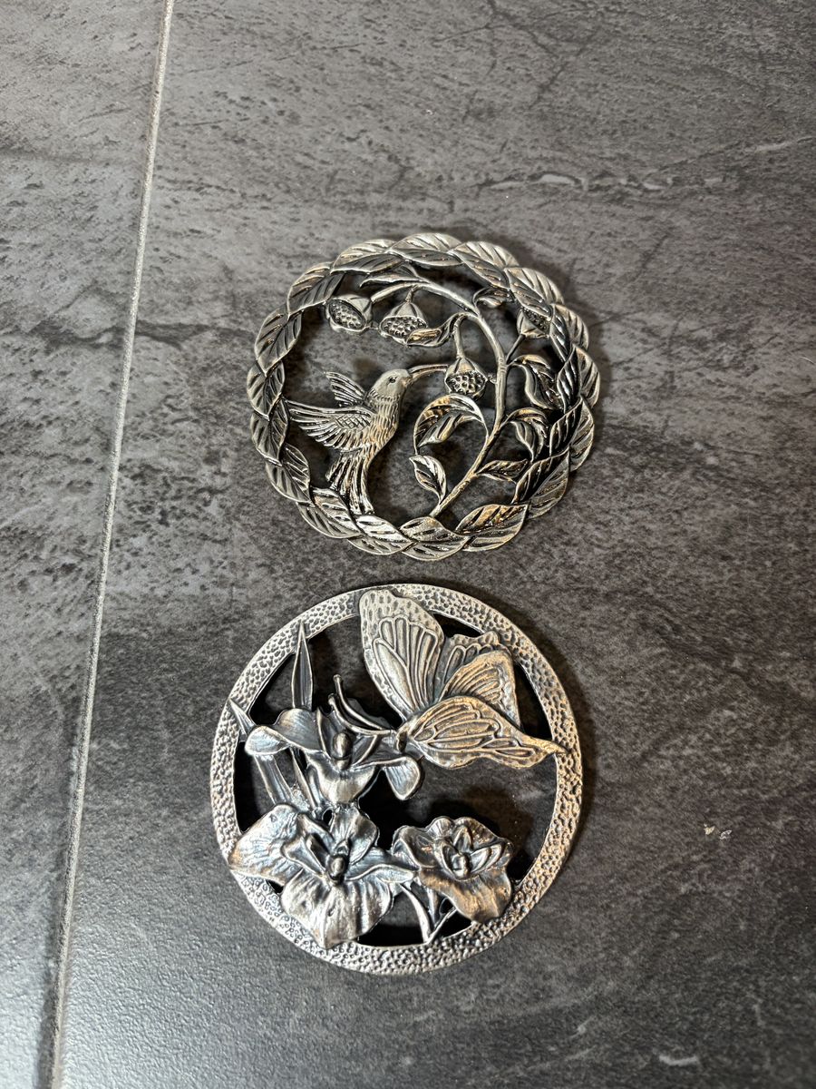 Decorative Pewter Floral and Butterfly Dish Metal Inserts-set of 2