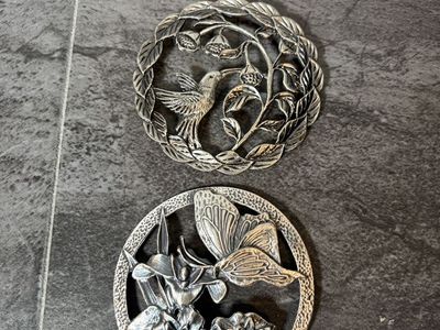 Decorative Pewter Floral and Butterfly Dish Metal Inserts-set of 2