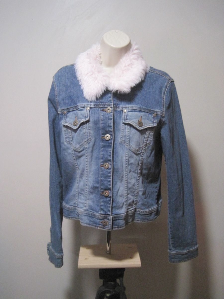 Paris Blues Denim Jacket Pink Faux Fur Collar Medium Wash Y2K Trucker Womens L