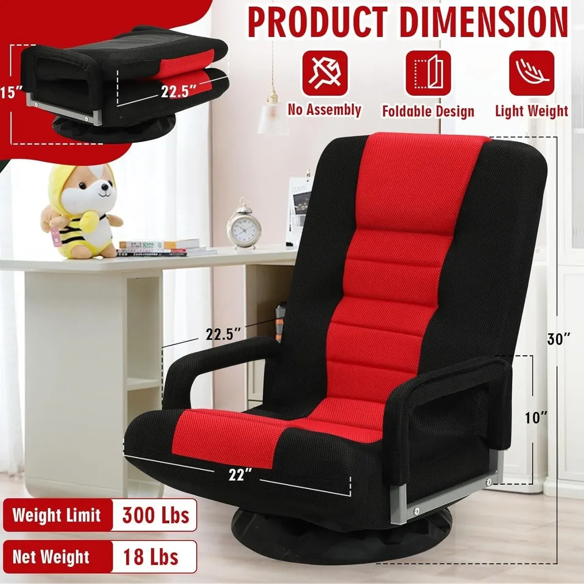 Swivel Floor Gaming Chair w/Armrests, Folding Video Reclining Sofa w/6 Adjustable Position, Lazy Lounger Couch