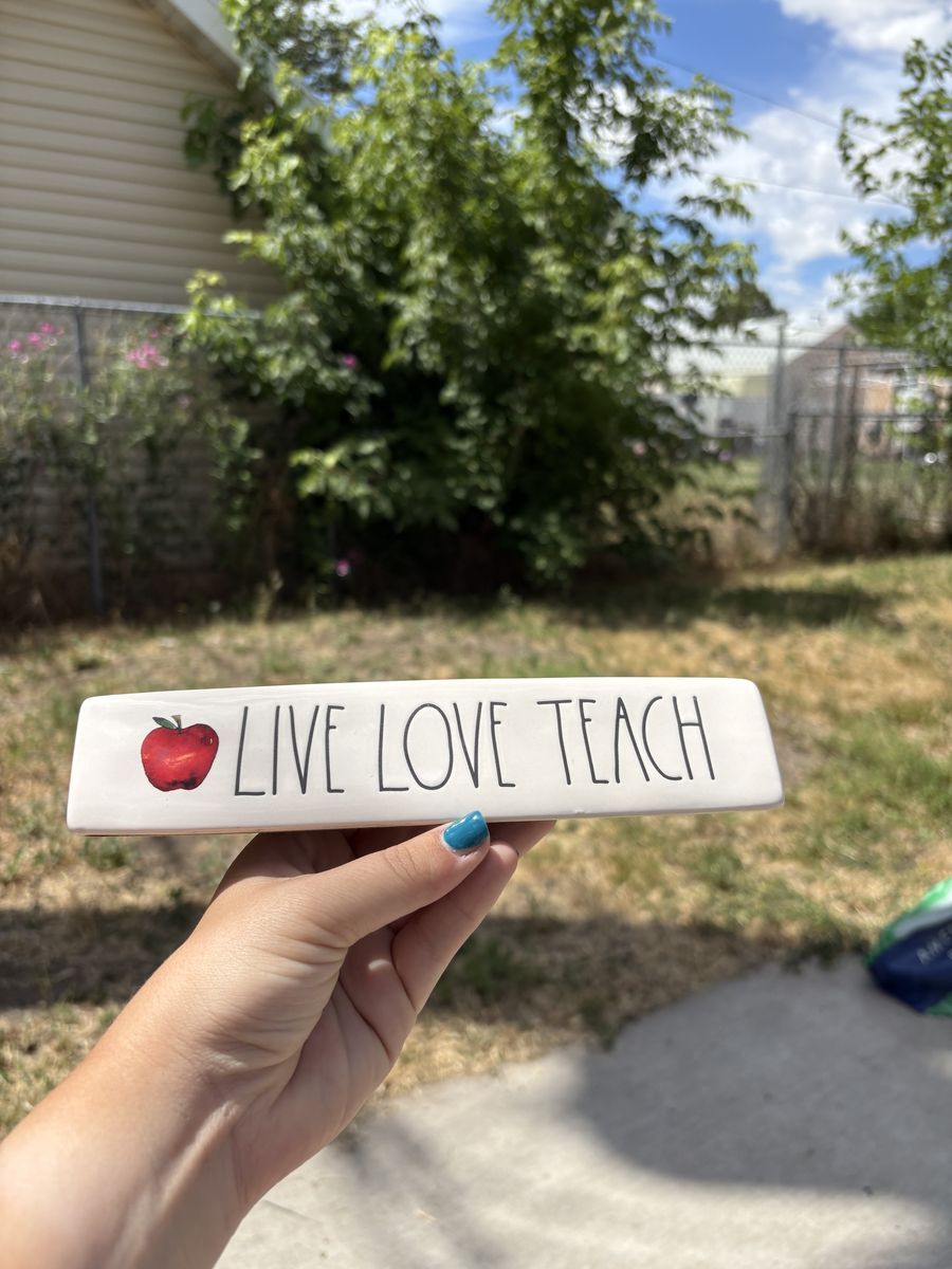 Rae Dunn Artisan Collection "LIVE LOVE TEACH" Ceramic Decor Plaque with Apple