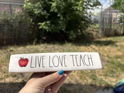 Rae Dunn Artisan Collection "LIVE LOVE TEACH" Ceramic Decor Plaque with Apple