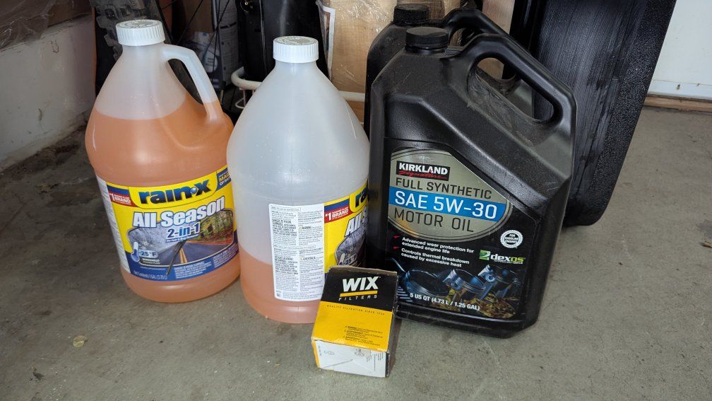 Kirkland Full Synthetic SAE 5W-30 Motor Oil, Rain-X All Season 2-in-1, and WIX Filters