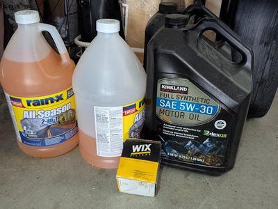 Kirkland Full Synthetic SAE 5W-30 Motor Oil, Rain-X All Season 2-in-1, and WIX Filters